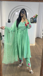 Sea Green Mul Chanderi Mirrors Handwork Suit Set