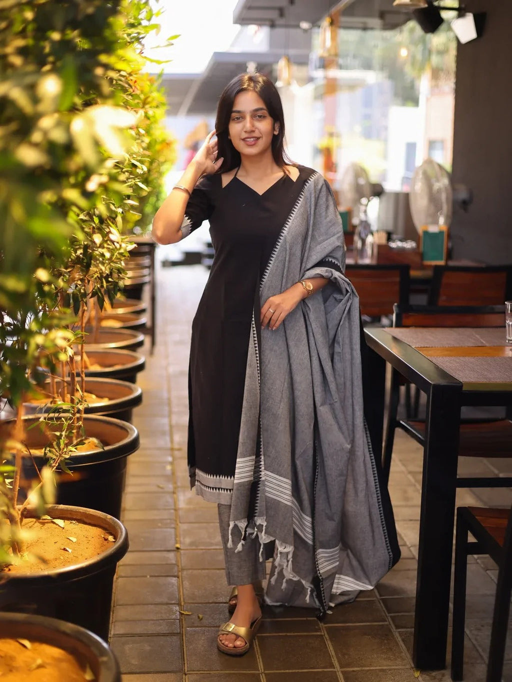 Black with White & Grey Cotton Kadhambari Set