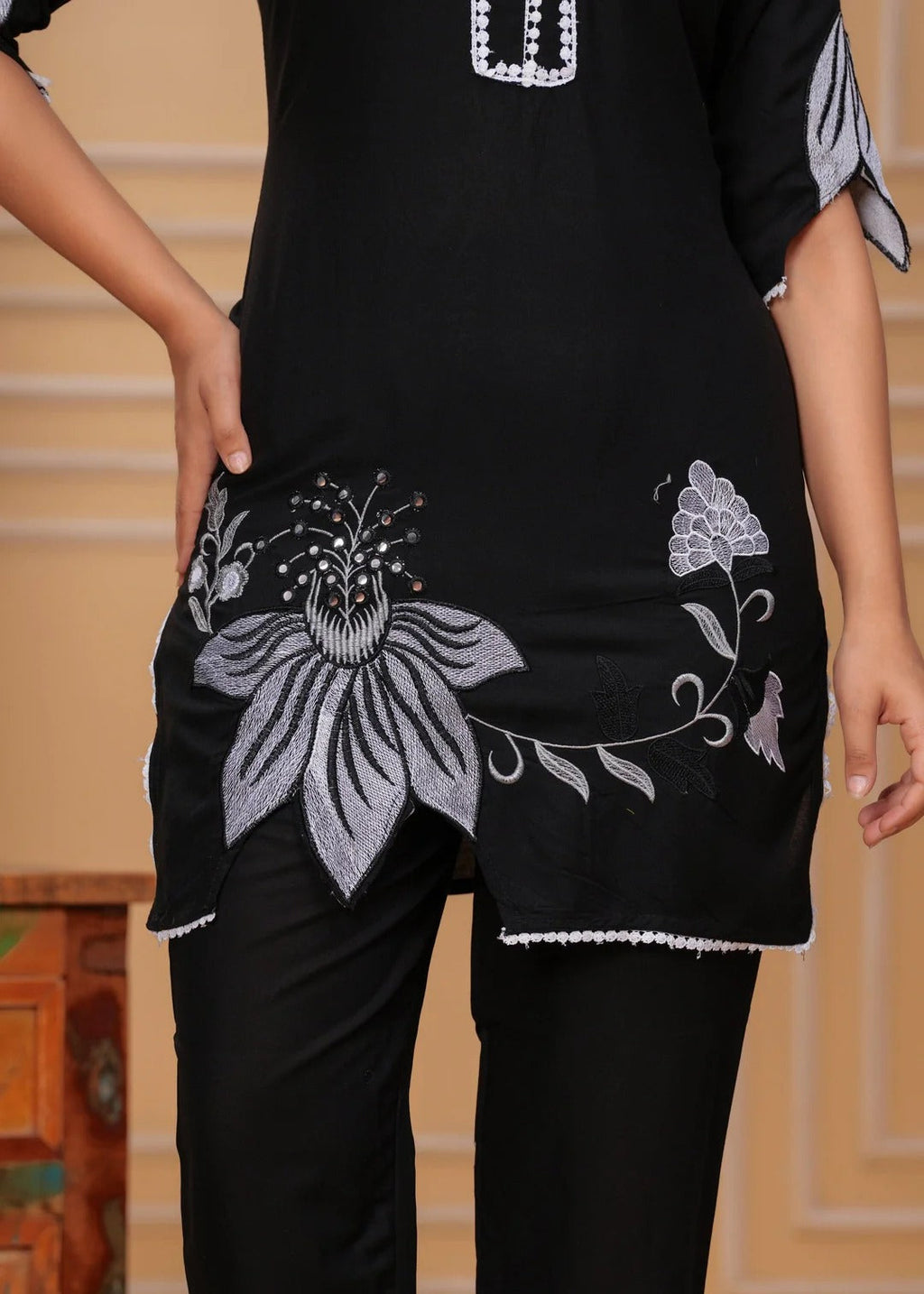 Black Embroidered Rayon Kurta and Pant Set