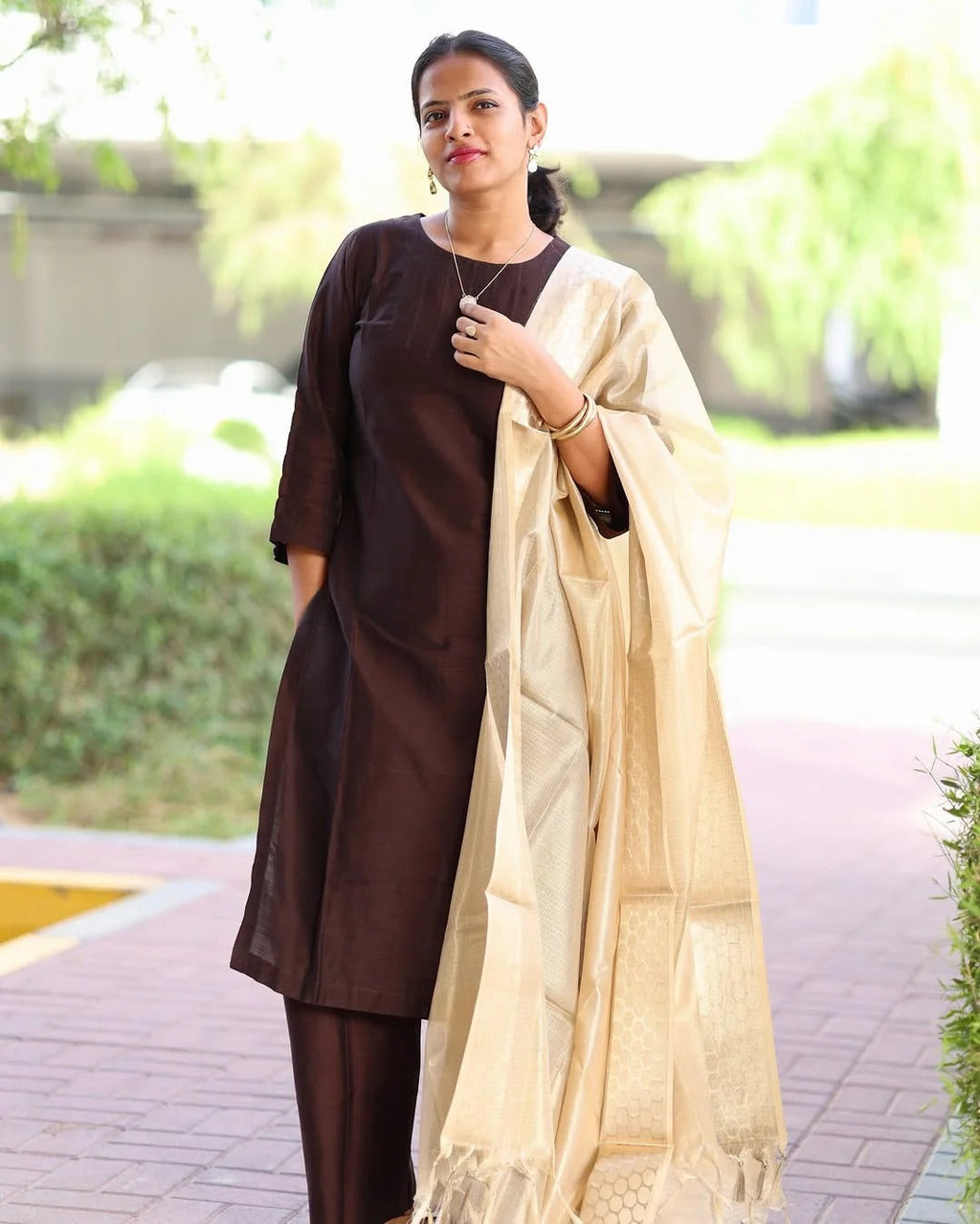 Brown Silk Cotton Co-Ord Set With A Beige Shawl