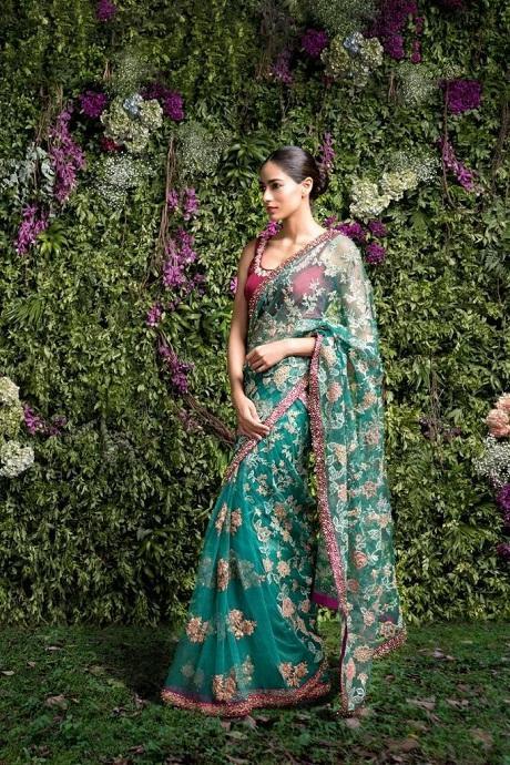 Green Color Designer Embroidery Work Net Saree with heavy border