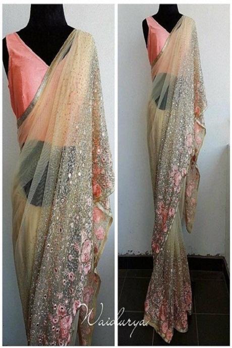 Good Looking Light White Orange Color Party Wear Saree SY 5310