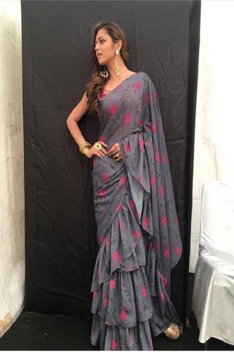 Light Grey Color Party Wear Printed Heavy Ruffle Saree SY 5302