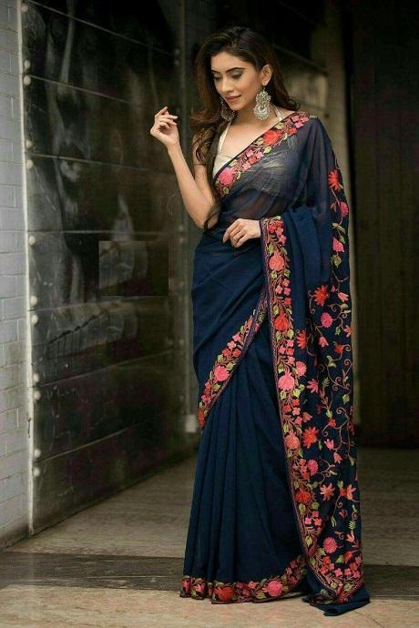 Navy Blue Color Party Wear Embroidery Work Jacquard Saree SY 5278