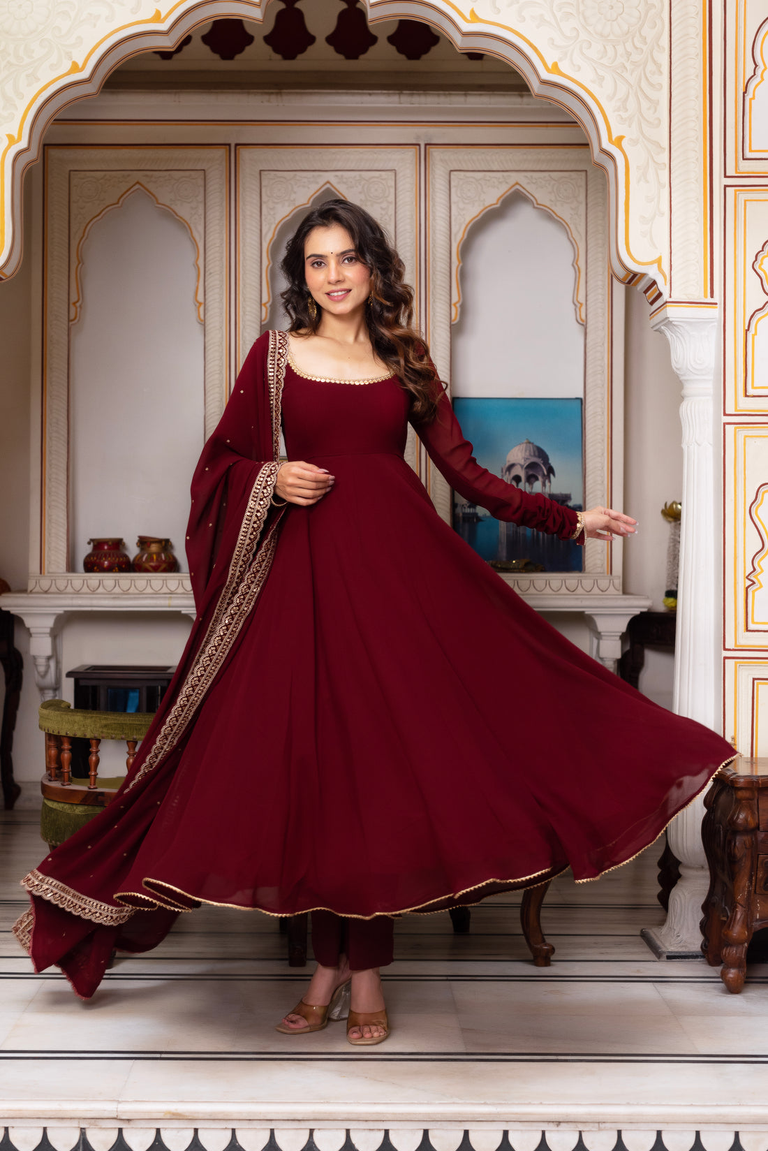 Kalmkari Designer Maroon Color Stylish Anarkali Gown