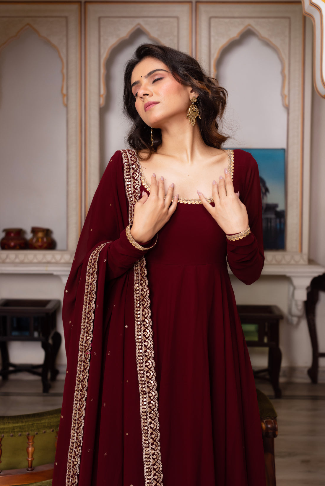 Kalmkari Designer Maroon Color Stylish Anarkali Gown
