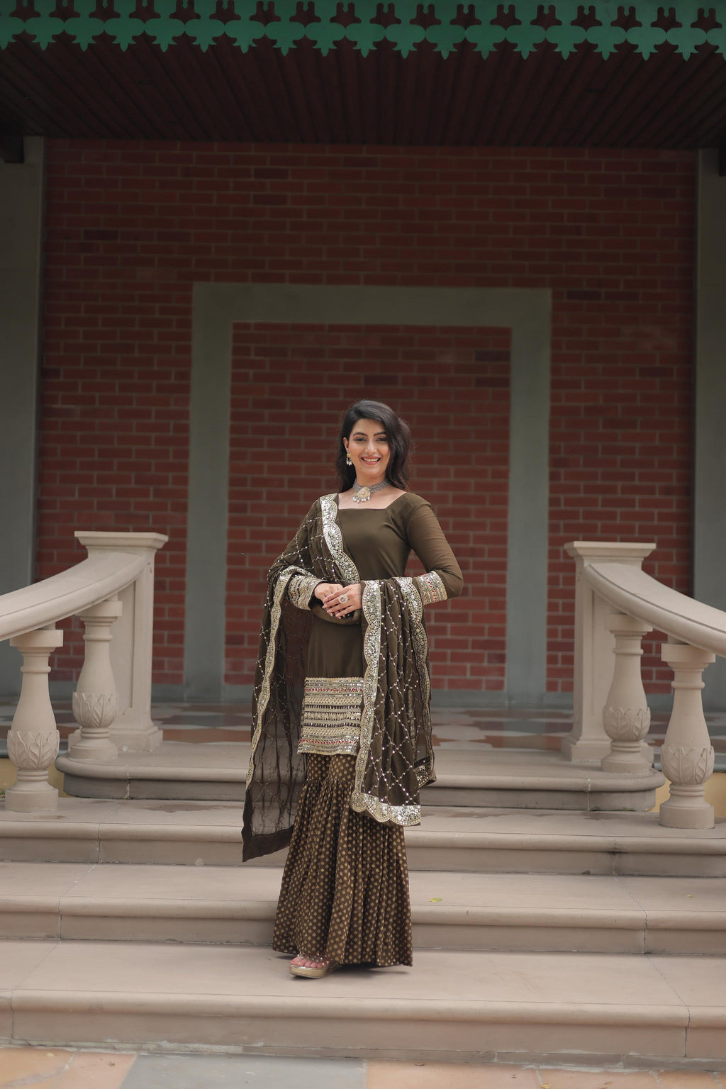 C Green Color Golden Work Sarara Dress Designs