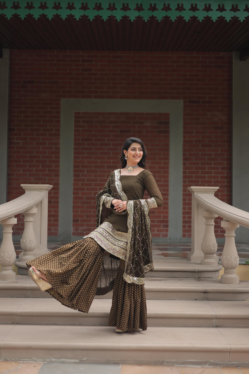 C Green Color Golden Work Sarara Dress Designs
