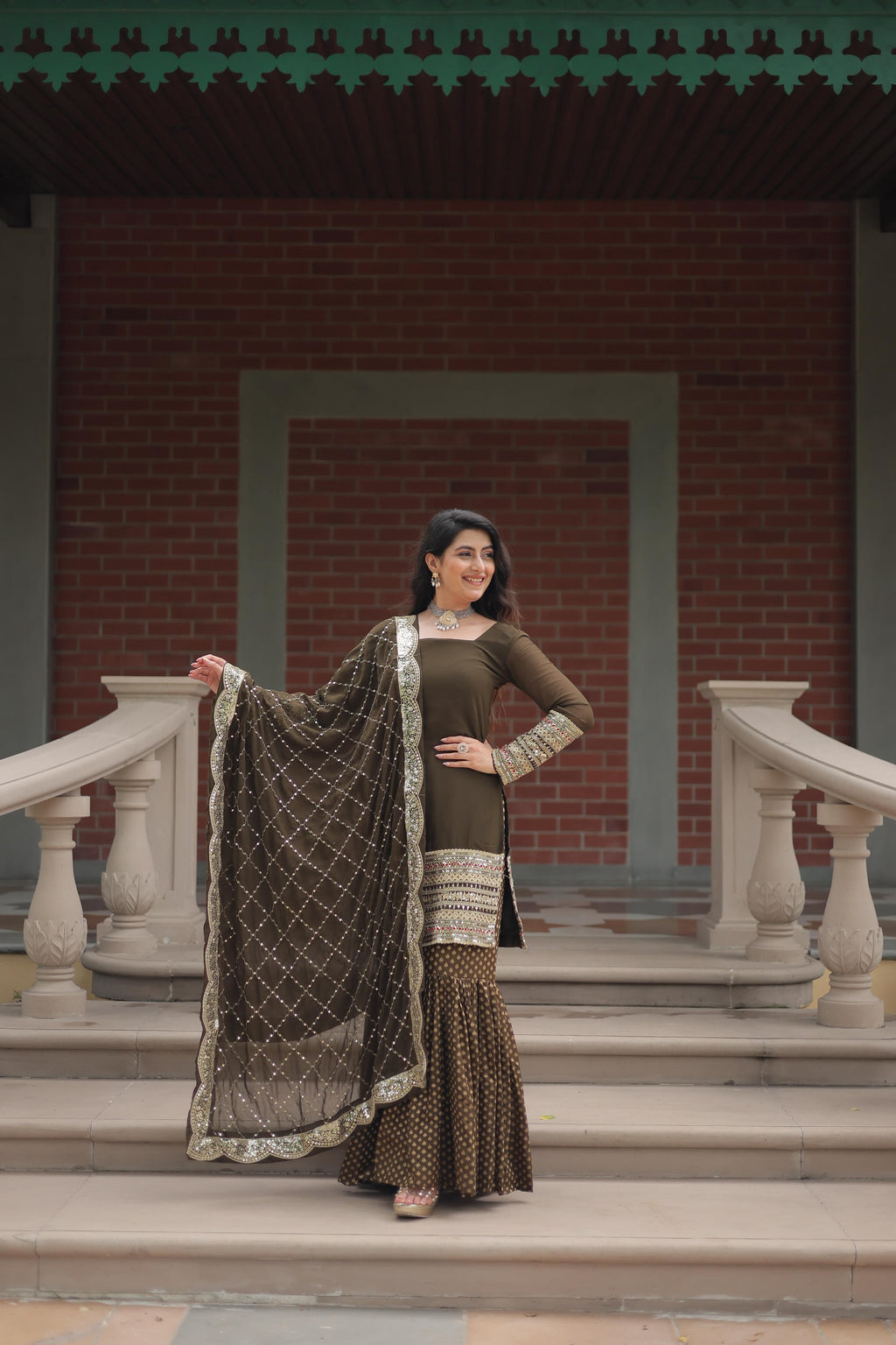 C Green Color Golden Work Sarara Dress Designs