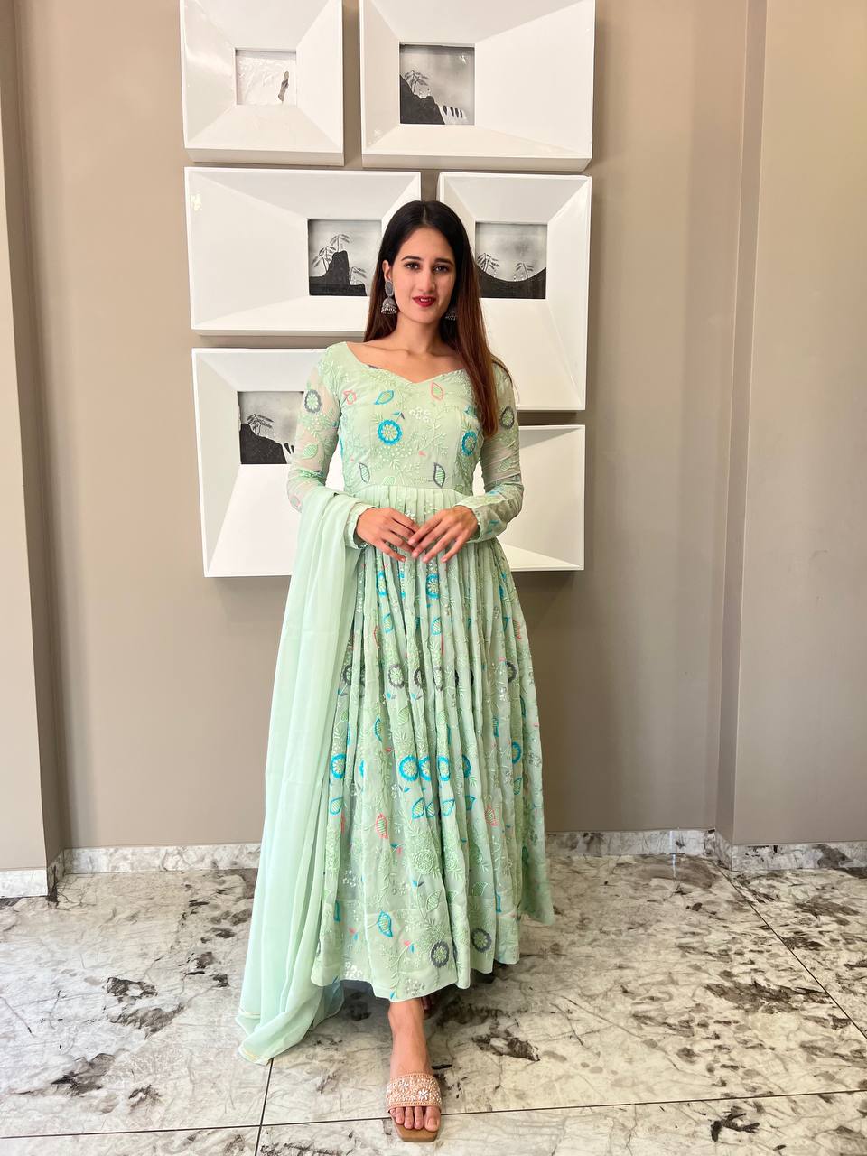 Amazing Light Green Color Round Anarkali Flair Gown