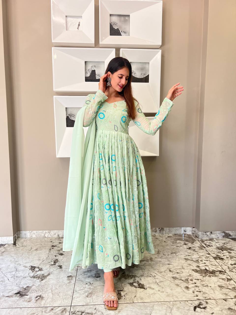 Amazing Light Green Color Round Anarkali Flair Gown