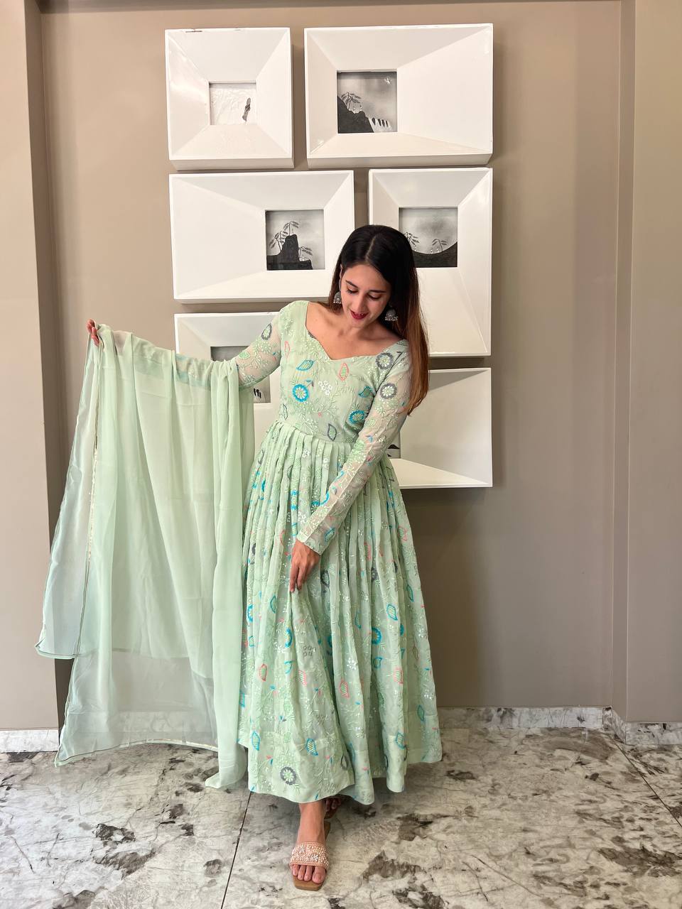 Amazing Light Green Color Round Anarkali Flair Gown
