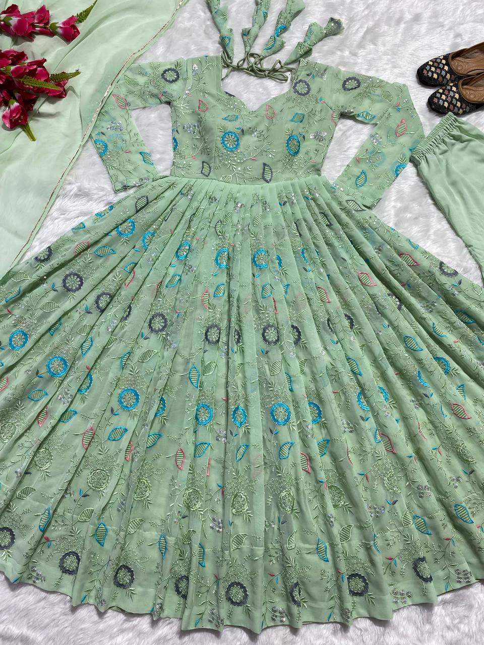 Amazing Light Green Color Round Anarkali Flair Gown