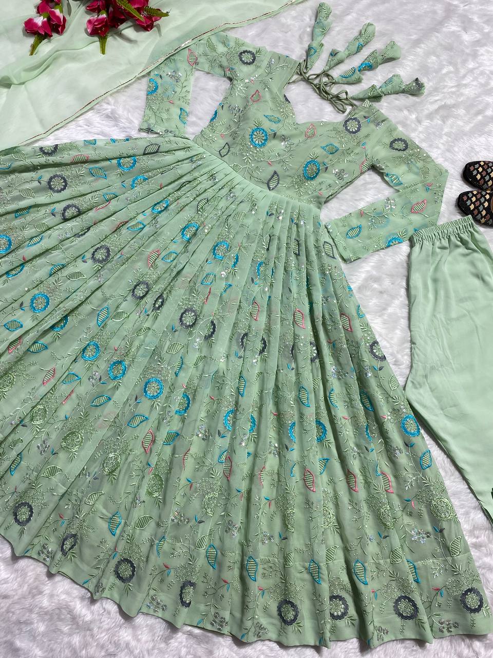 Amazing Light Green Color Round Anarkali Flair Gown