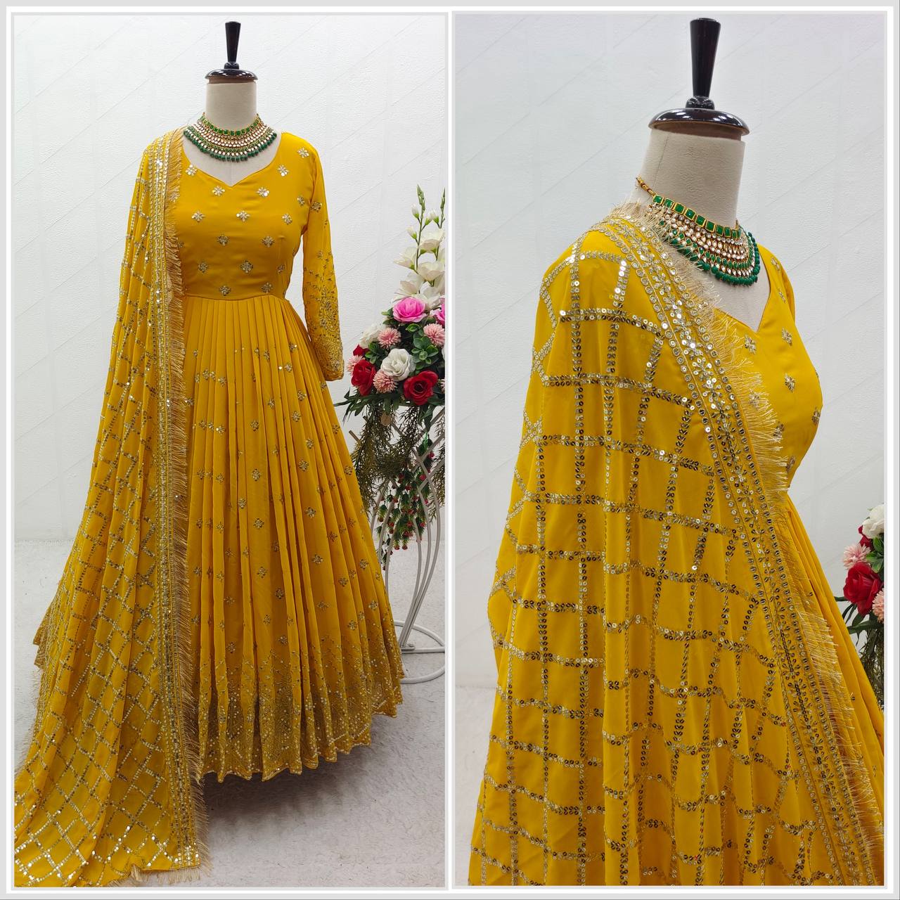 Yellow Color Embroidery and Hand Work Latest Gown