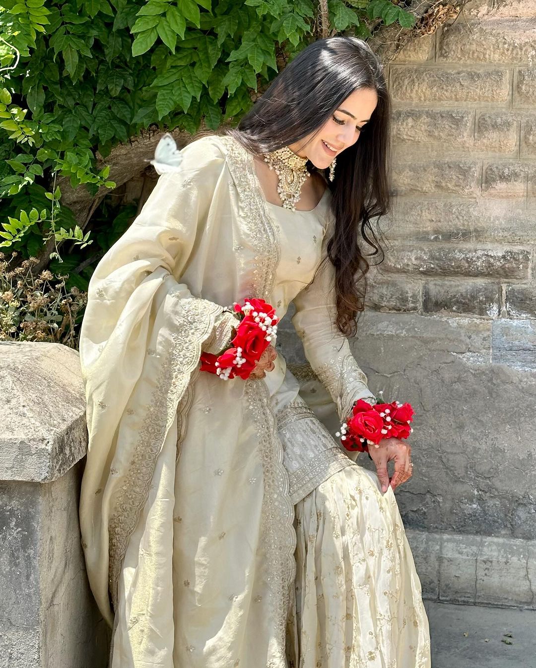 Cream Mirror Designer Gown Sarara Suits For Girls