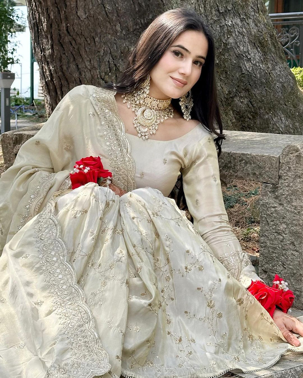 Cream Mirror Designer Gown Sarara Suits For Girls