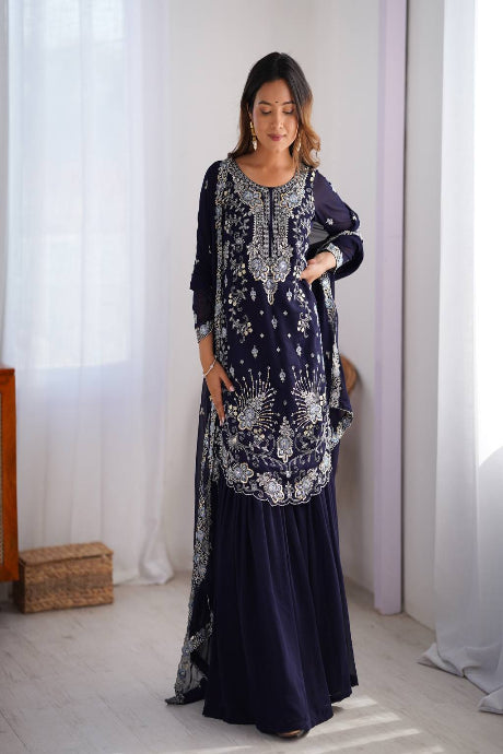Alluring Blue Color Chikankari Anarkali Party Wear Dress