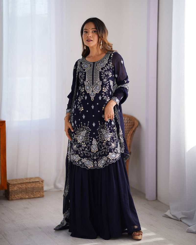 Alluring Blue Color Chikankari Anarkali Party Wear Dress