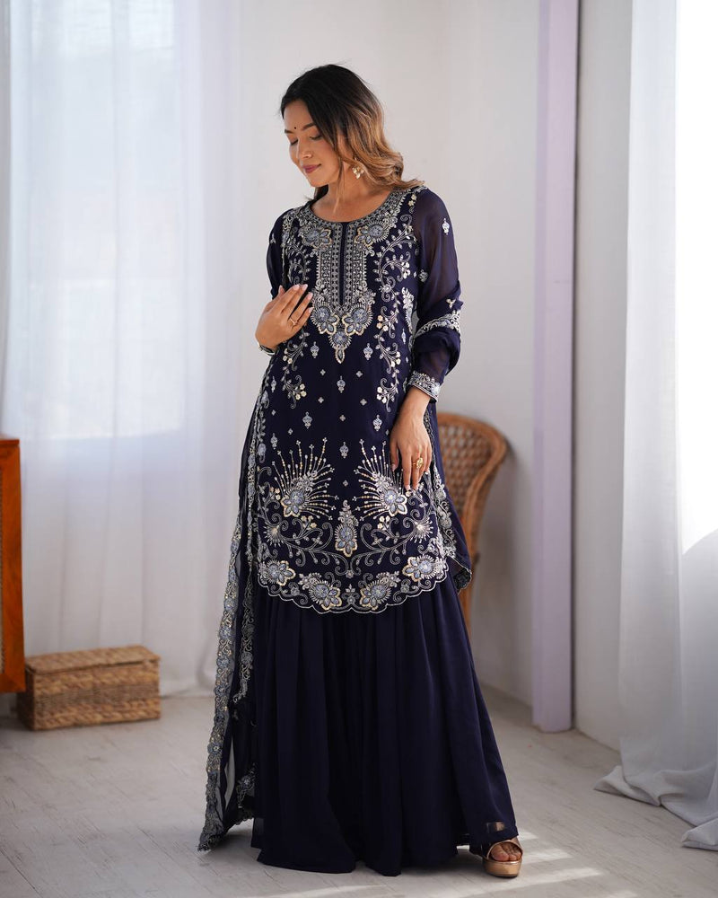 Alluring Blue Color Chikankari Anarkali Party Wear Dress