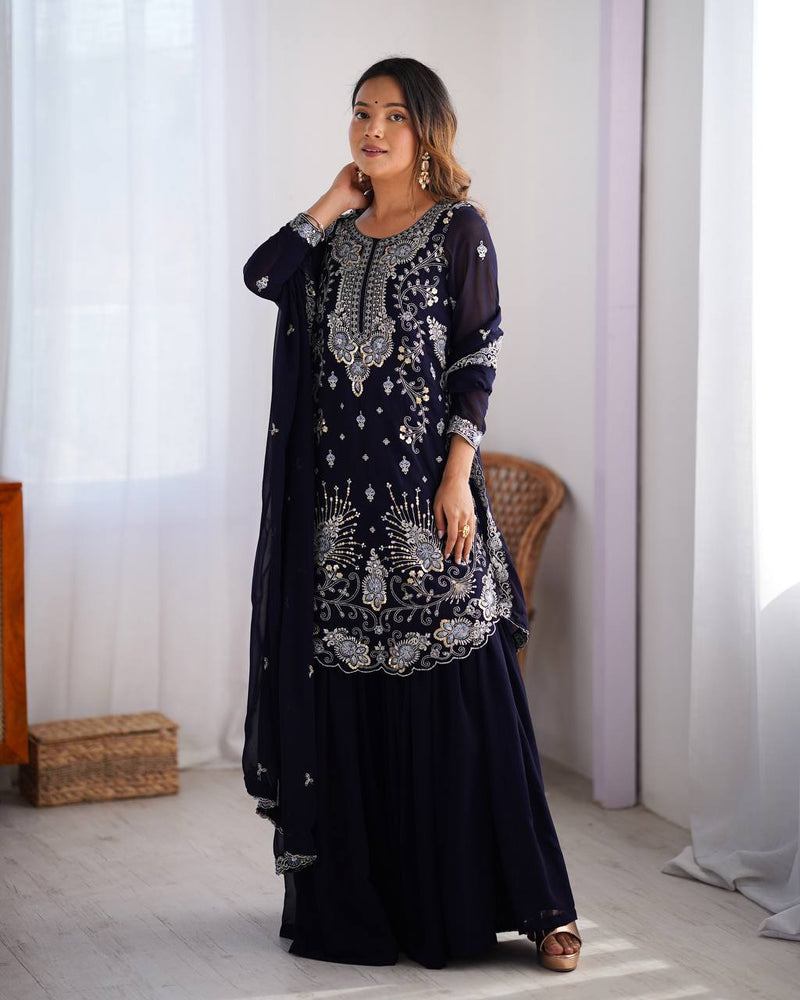 Alluring Blue Color Chikankari Anarkali Party Wear Dress
