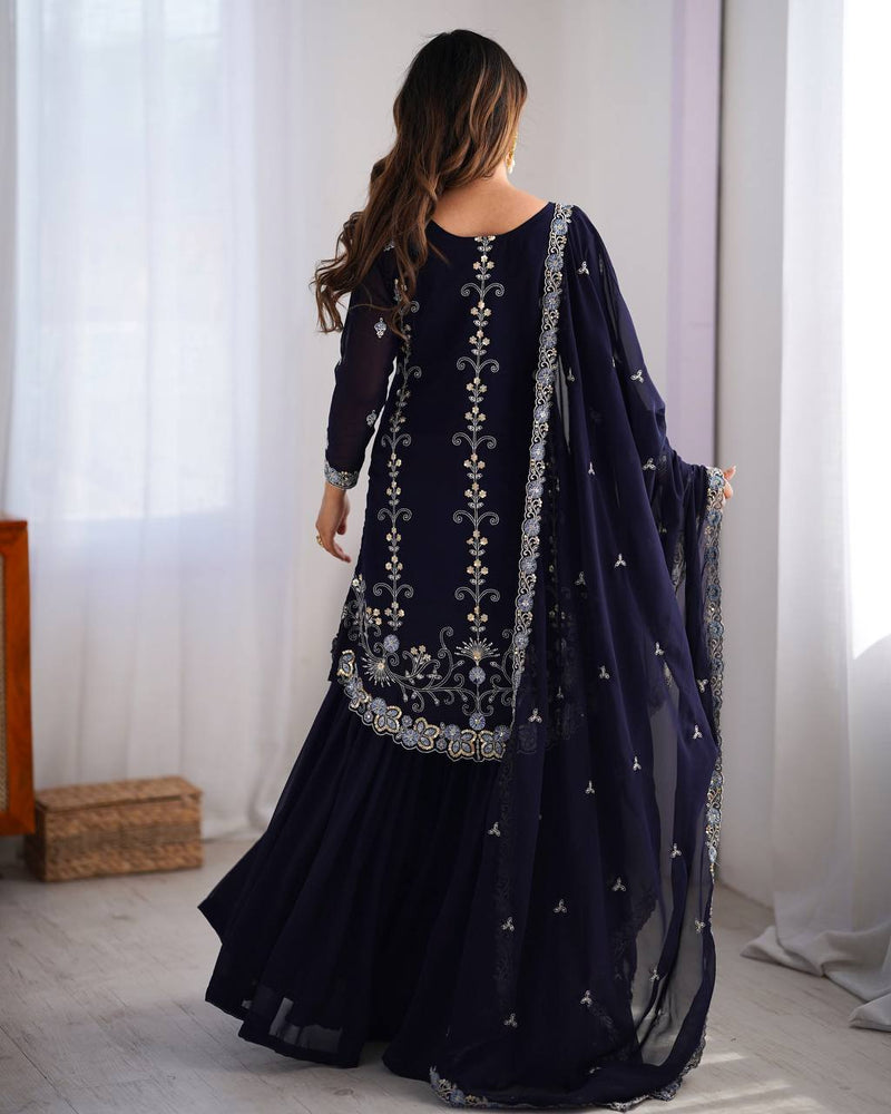 Alluring Blue Color Chikankari Anarkali Party Wear Dress