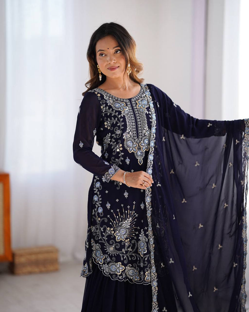 Alluring Blue Color Chikankari Anarkali Party Wear Dress