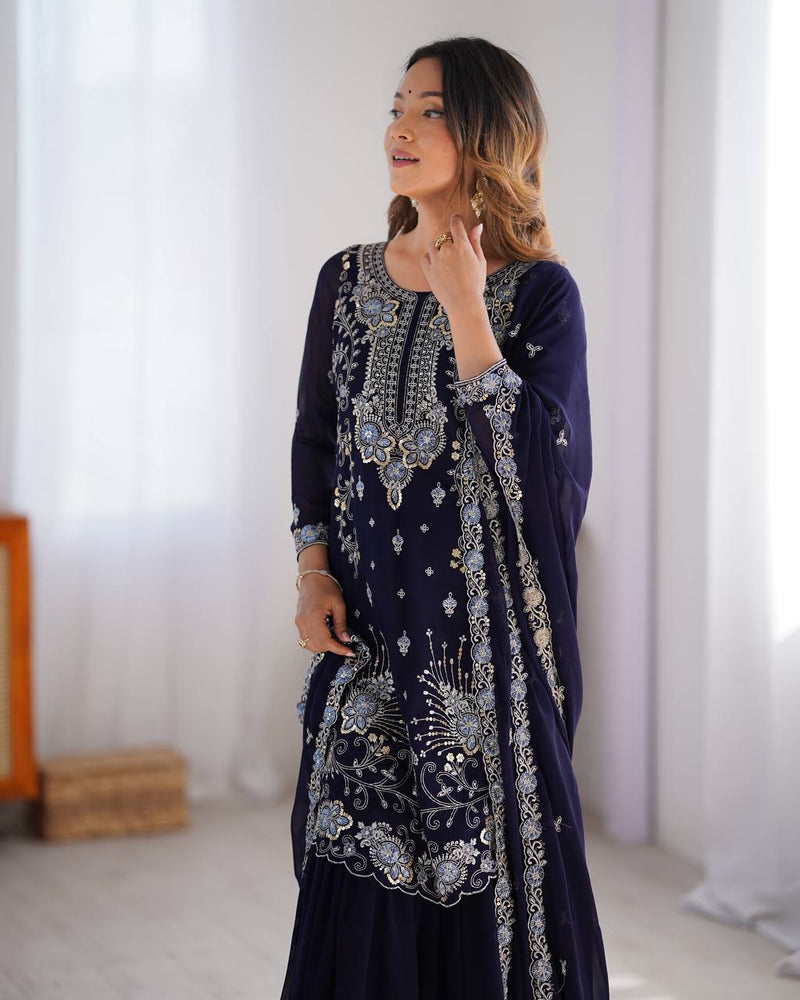 Alluring Blue Color Chikankari Anarkali Party Wear Dress