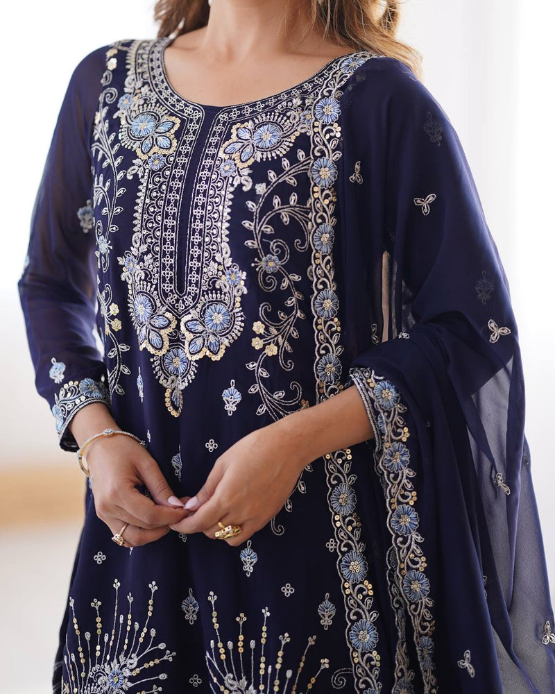 Alluring Blue Color Chikankari Anarkali Party Wear Dress