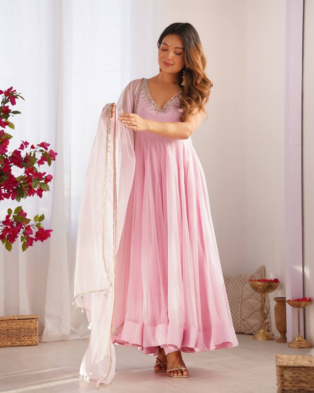 Attractive Sky Pink Color Anarkali Gown In Low Rate