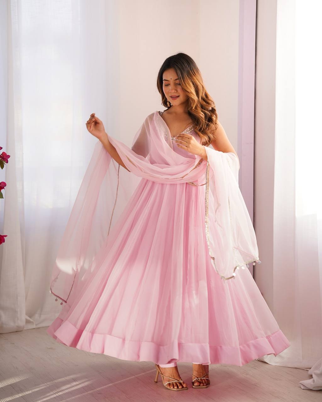 Attractive Sky Pink Color Anarkali Gown In Low Rate