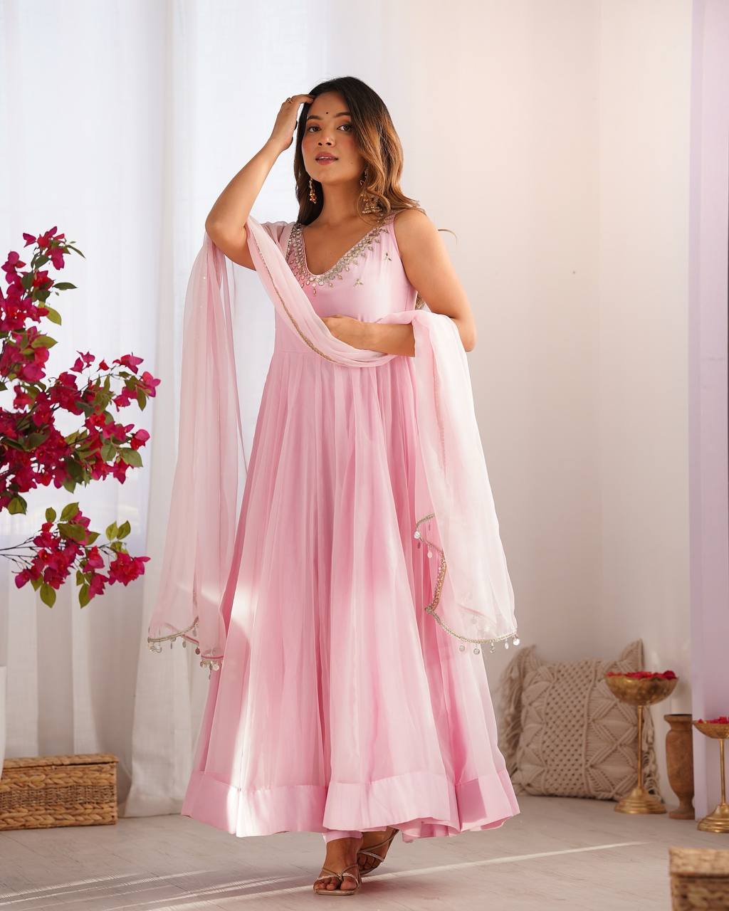 Attractive Sky Pink Color Anarkali Gown In Low Rate
