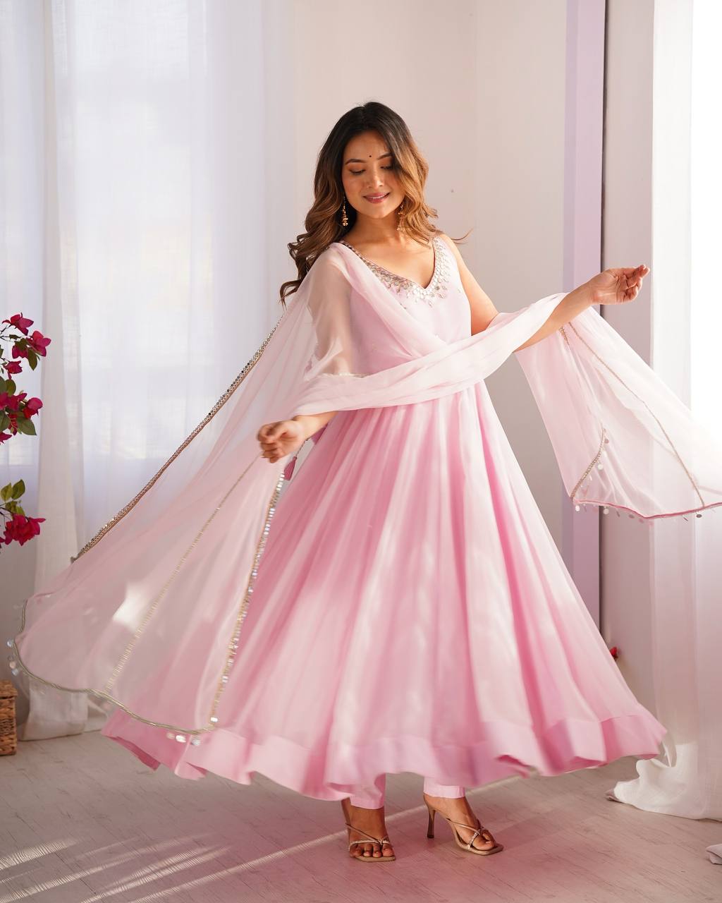 Attractive Sky Pink Color Anarkali Gown In Low Rate