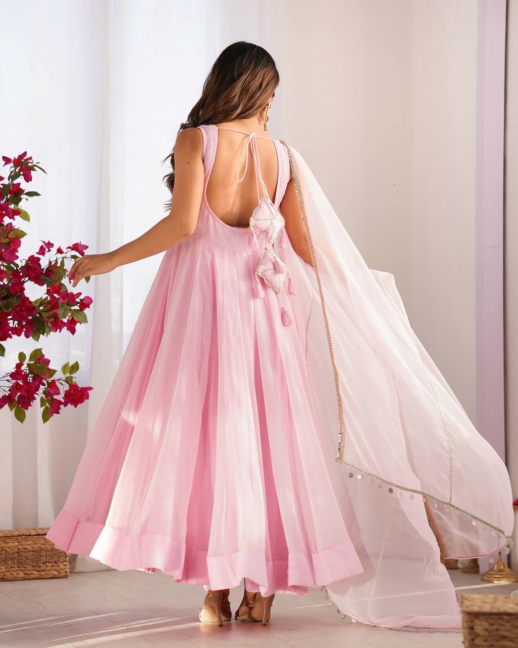 Attractive Sky Pink Color Anarkali Gown In Low Rate