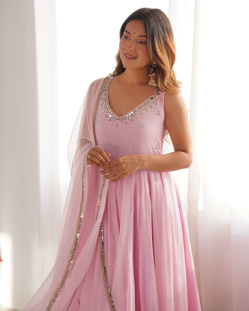 Attractive Sky Pink Color Anarkali Gown In Low Rate