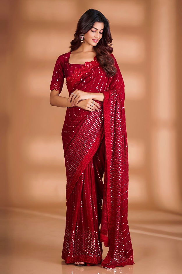 Red Sequence Embroidered Fancy Party Wear Georgette Saree for woven