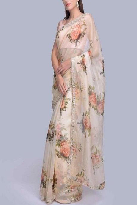 Designer Ethnic Organza Silk Print Fancy Off White Saree