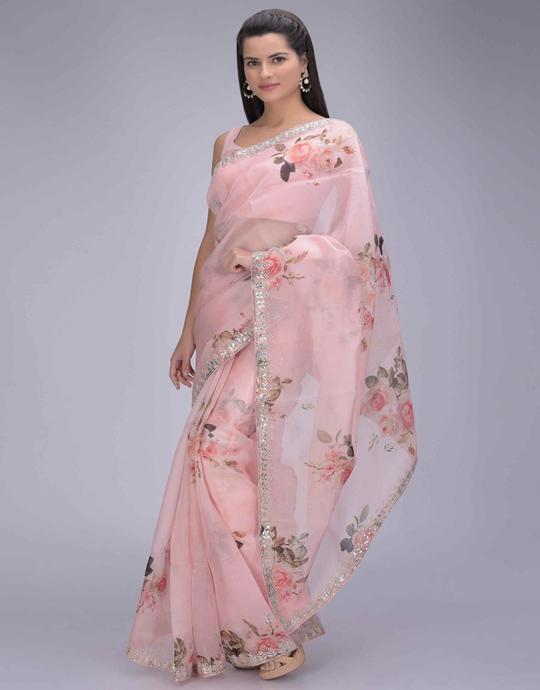 Contemporary Light Pink Color Organza pure Silk Digital Print Saree