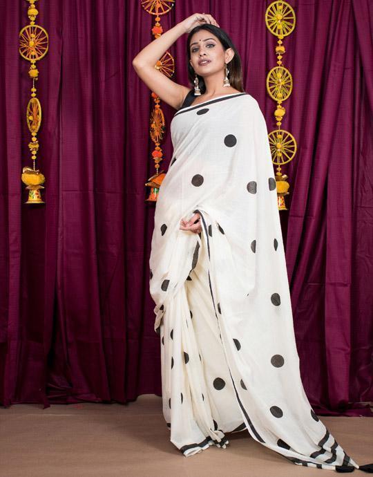 Latest Cotton Silk White Colored Black Digital Printed  Cotton Sarees SY 1417