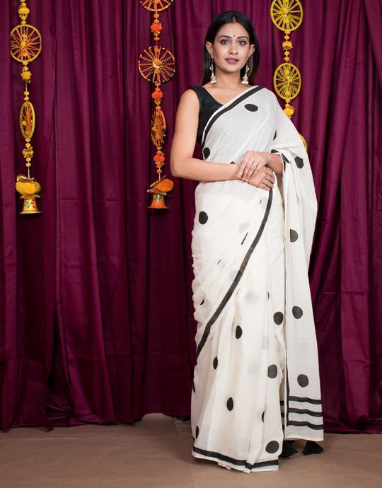 Latest Cotton Silk White Colored Black Digital Printed Designer Saree SY 6373