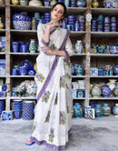 Digital Printed Organdy Silk White Saree blue border work for party wear collection