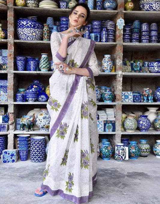 Digital Printed Organdy Silk White Saree With contrast Lace border for daily wear collection