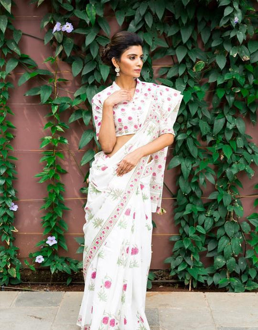 Delicate White Color Linen Cotton  Digital Print Saree for daily wear