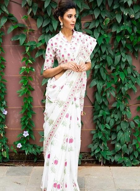 Designer Ethnic Organza Silk Fancy White Printed Saree for part wear saree