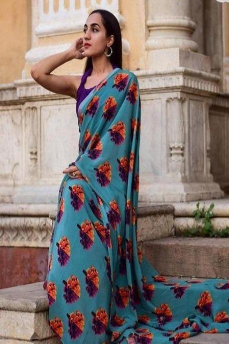 Traditional Regular Silk Fancy Light Firozi Printed Saree SY 5958