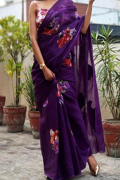 Party Wear Designer Ethnic Cotton Silk Fancy Purple Printed Saree SY 5935