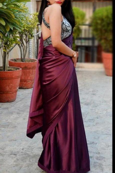 Wine Color One piece Satin Designer Plain Saree SY 1455