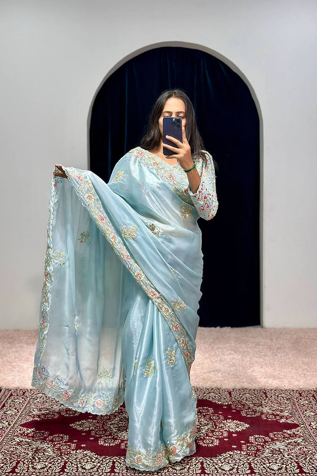 Sky Blue Color Jimmy Thread Embroidery Work Saree with Marvelous Thread cotton saree